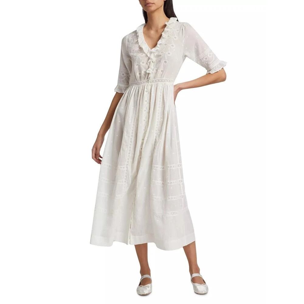 DOEN Rosabella Embroidered Midi Dress bow lace salt white size XS - Picture 3 of 16